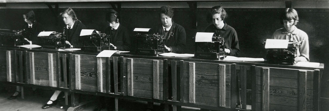 Typewriting class, unknown school, VPRS 14562 P12 Unit 1 girls in a line with typewriters